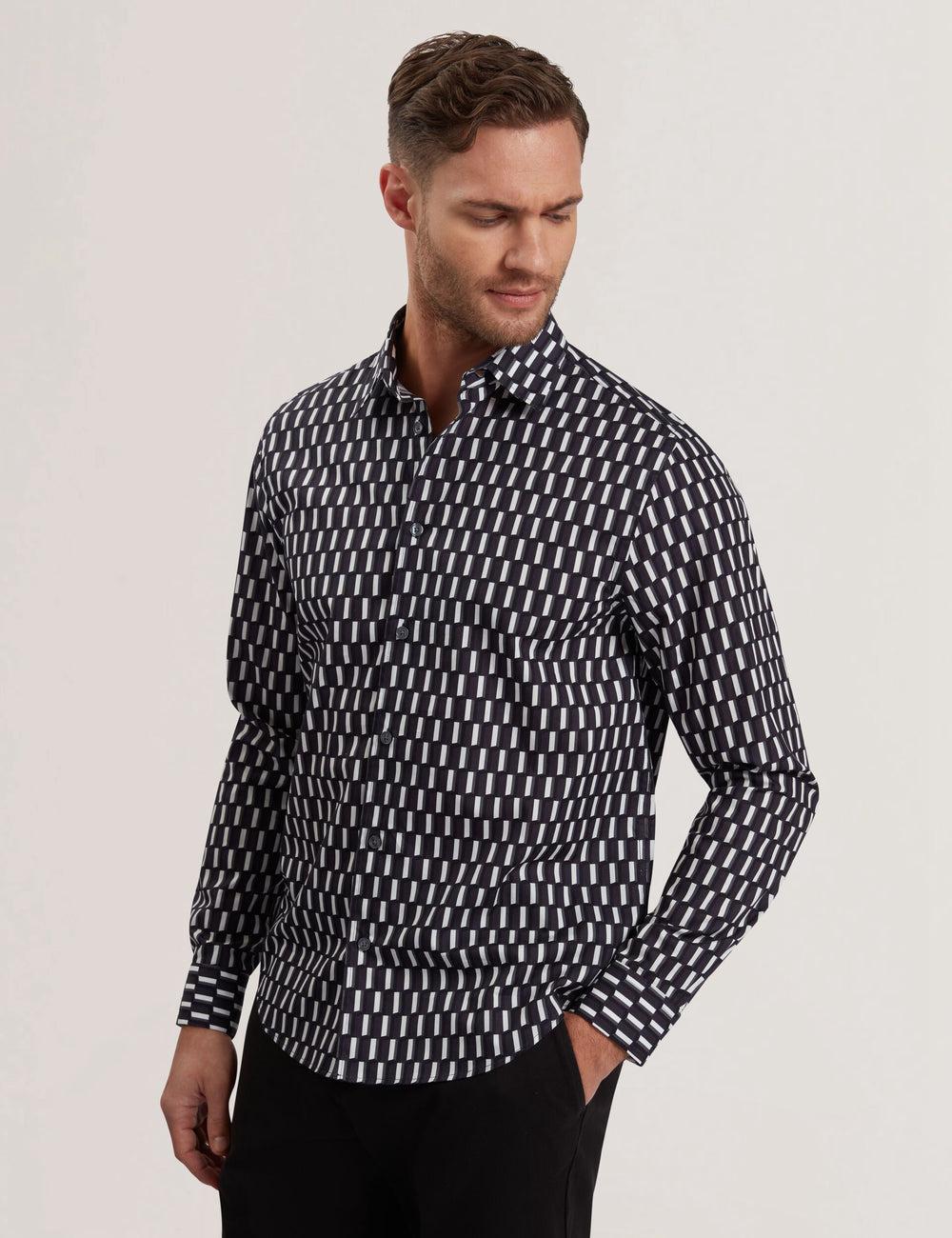 Black Men Ted Baker PEARSO - Geometric Stripe Long Sleeve Cotton Casual Shirts | NZ  PXOD-61345