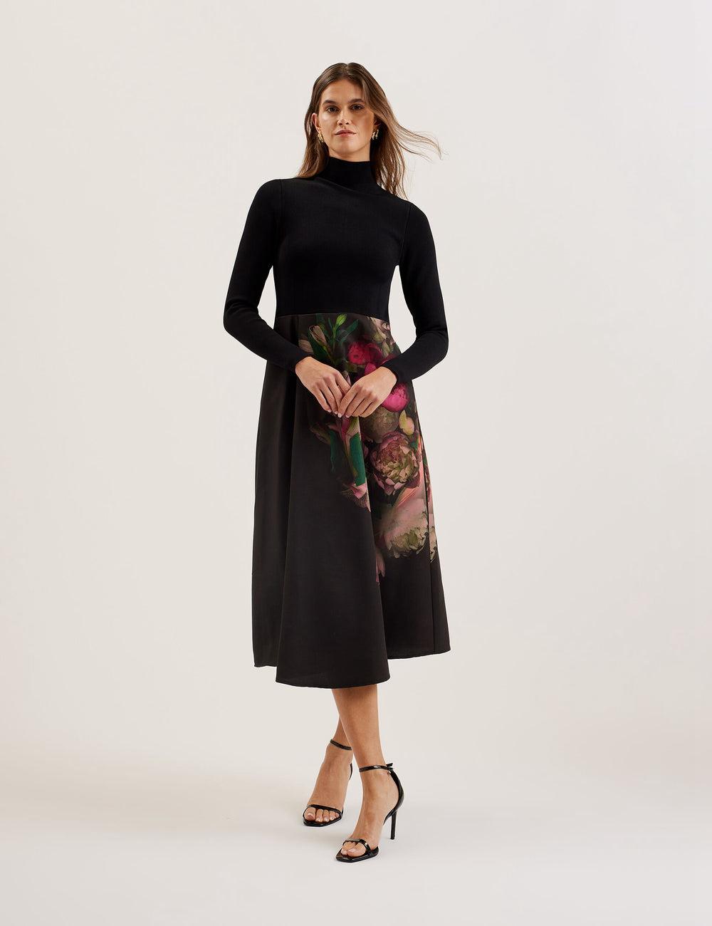 Black Women Ted Baker ASNES - Knit Bodice With Printed Skirt Midi Dresses | NZ  EXML-23507