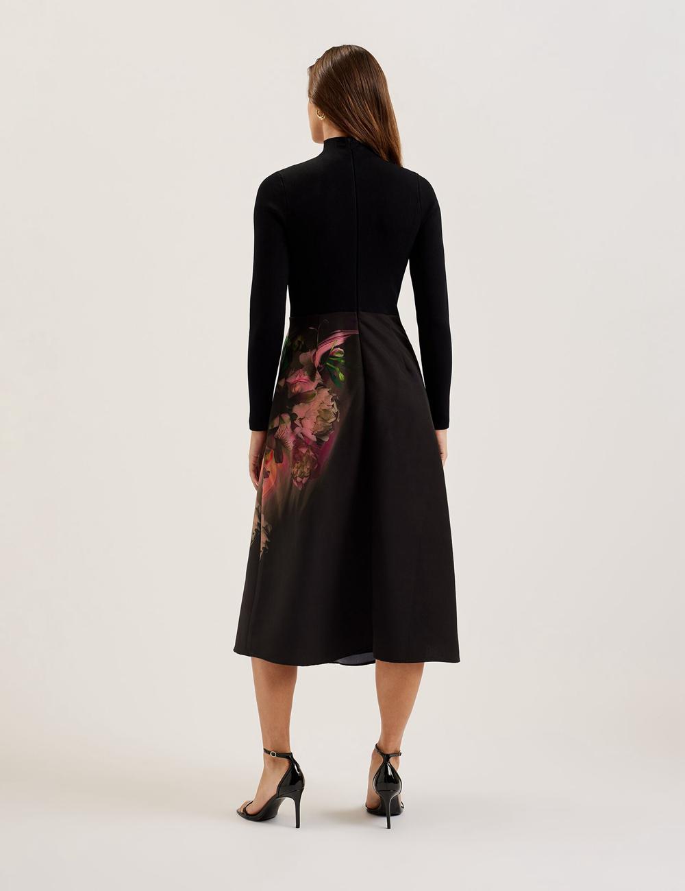 Black Women Ted Baker ASNES - Knit Bodice With Printed Skirt Midi Dresses | NZ  EXML-23507