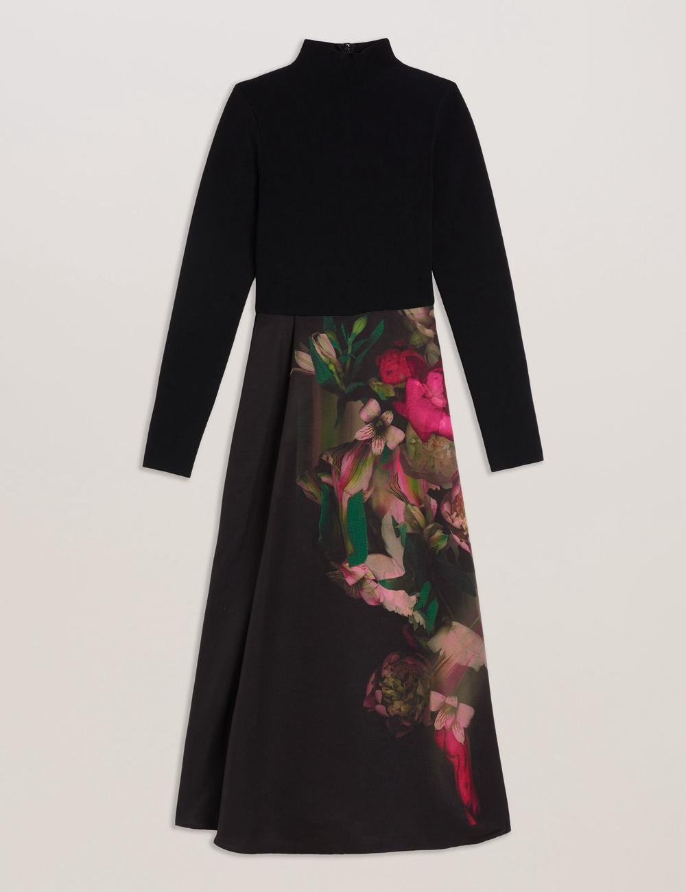 Black Women Ted Baker ASNES - Knit Bodice With Printed Skirt Midi Dresses | NZ  EXML-23507