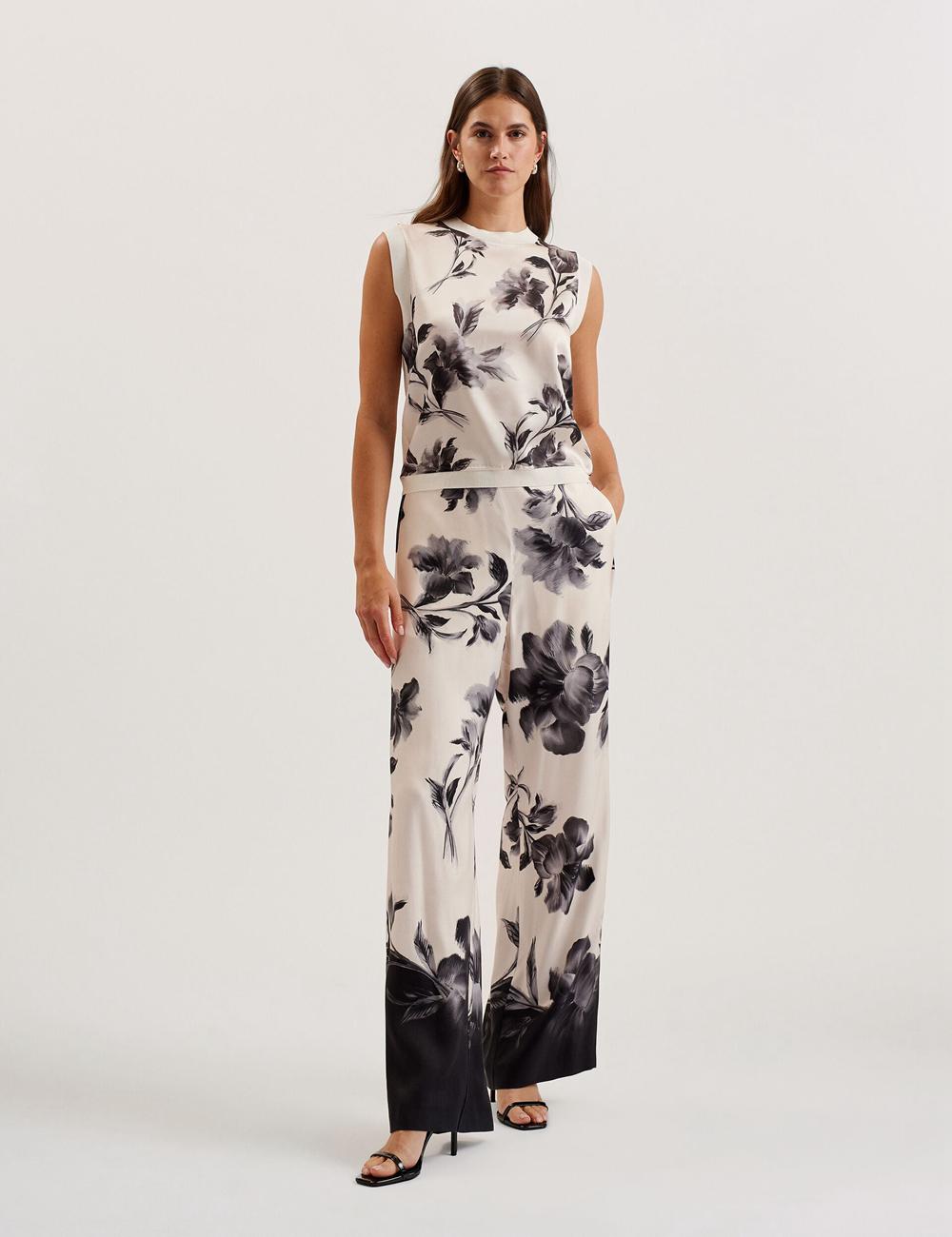 Black Women Ted Baker AWYNA - Floral Print Pull-On Wide Leg Trousers | NZ  NUMT-69104