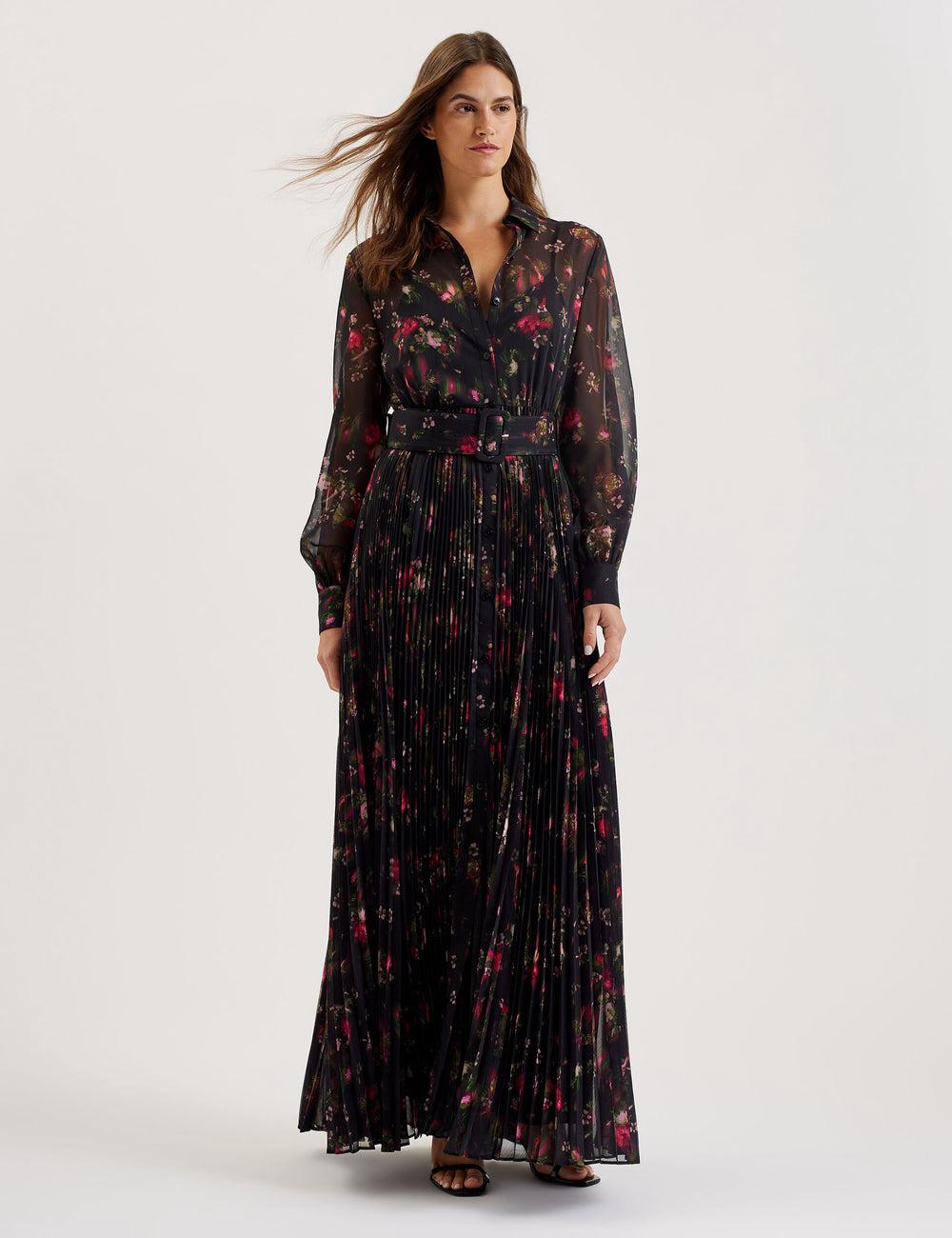 Black Women Ted Baker CEIBA - Floral Print Pleated Maxi Shirt Maxi Dresses | NZ  IOPM-13056