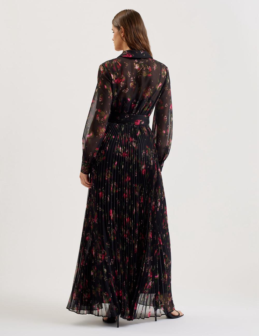 Black Women Ted Baker CEIBA - Floral Print Pleated Maxi Shirt Maxi Dresses | NZ  IOPM-13056