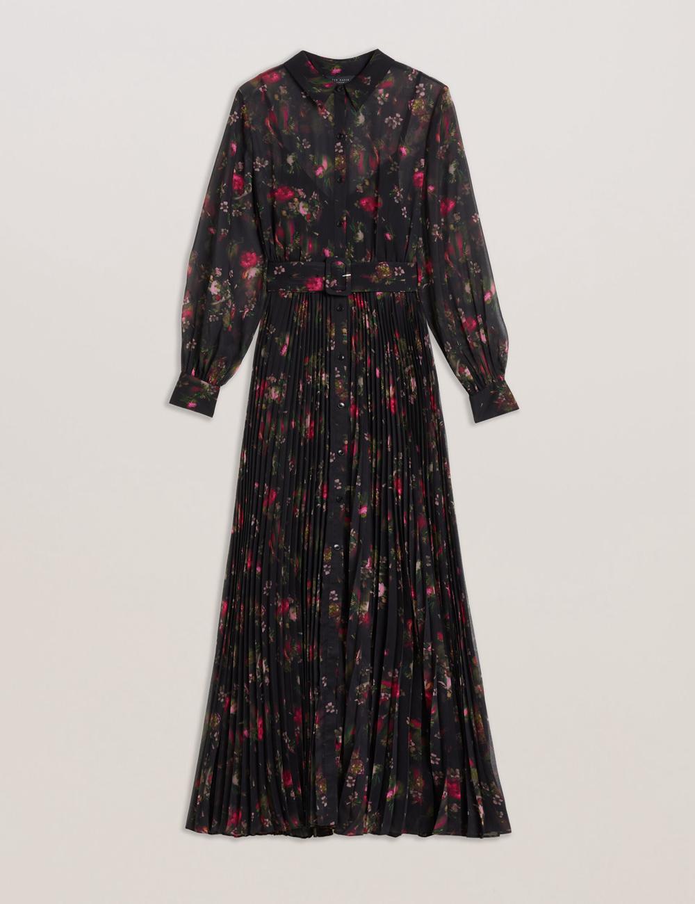 Black Women Ted Baker CEIBA - Floral Print Pleated Maxi Shirt Maxi Dresses | NZ  IOPM-13056
