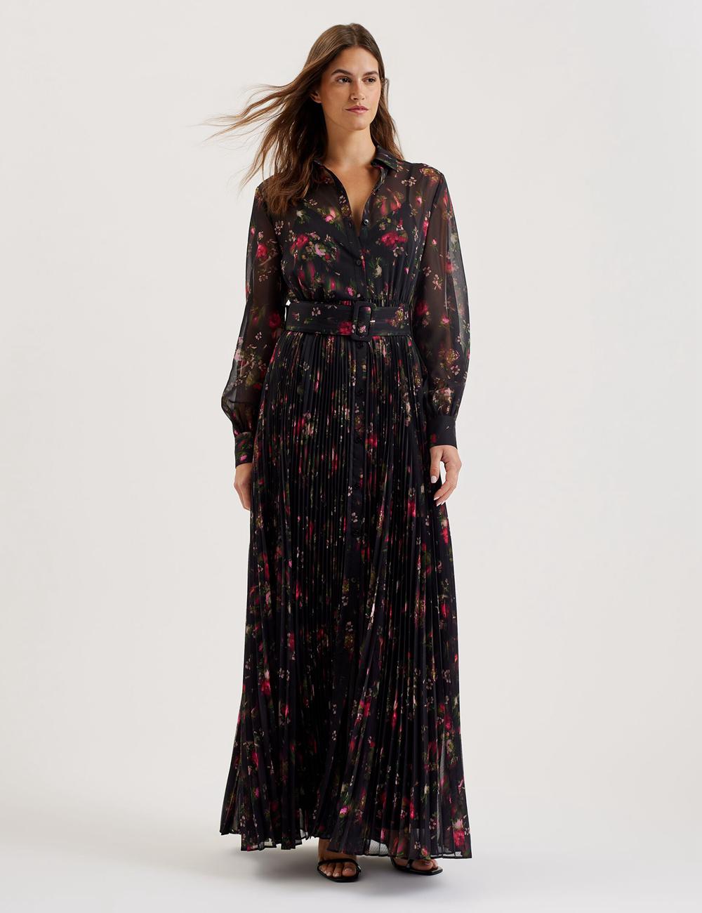 Black Women Ted Baker CEIBA - Floral Print Pleated Maxi Shirt Maxi Dresses | NZ  IOPM-13056