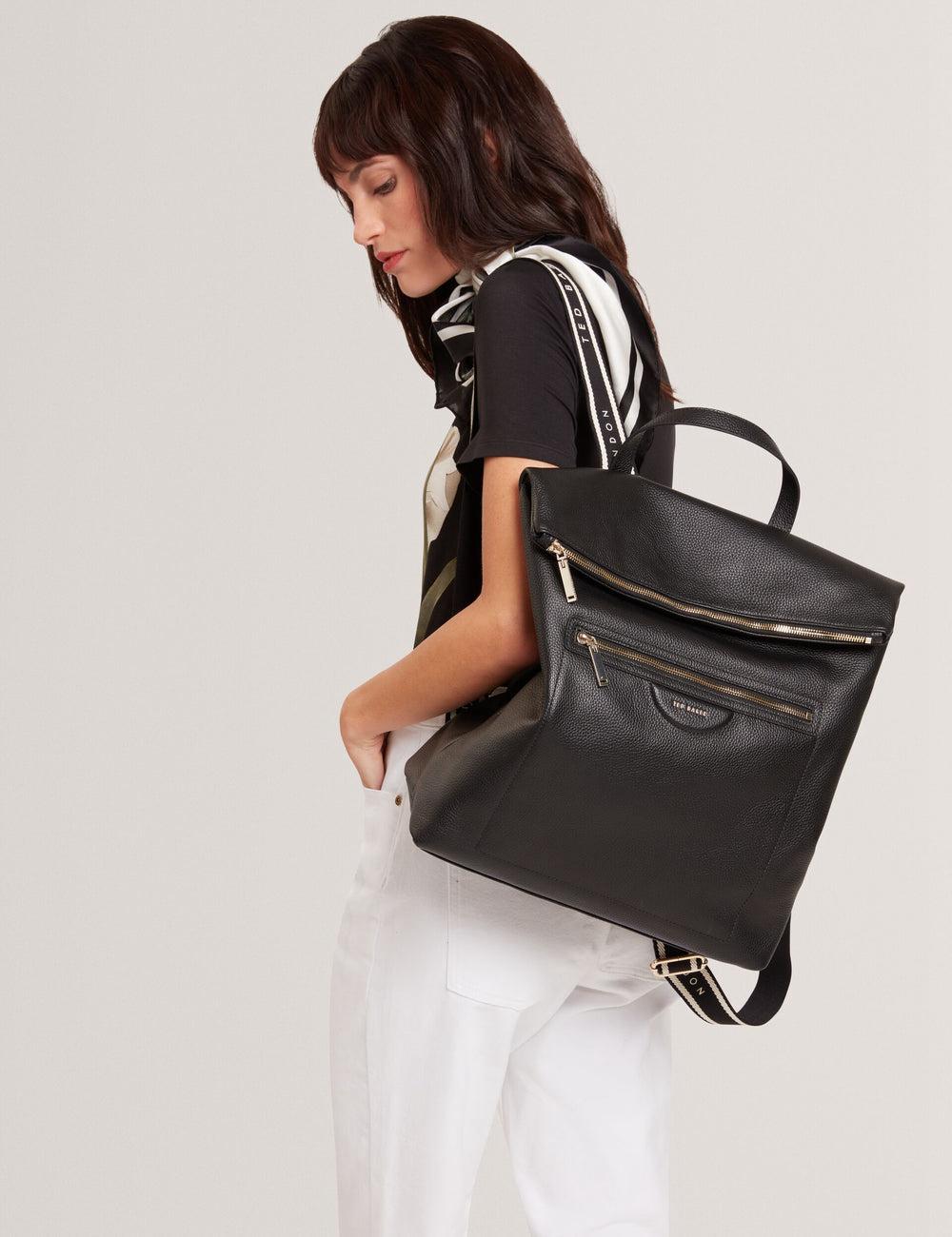Black Women Ted Baker ESSAYA - Leather Webbing Strap Fold Over Backpacks | NZ  LPCE-61280