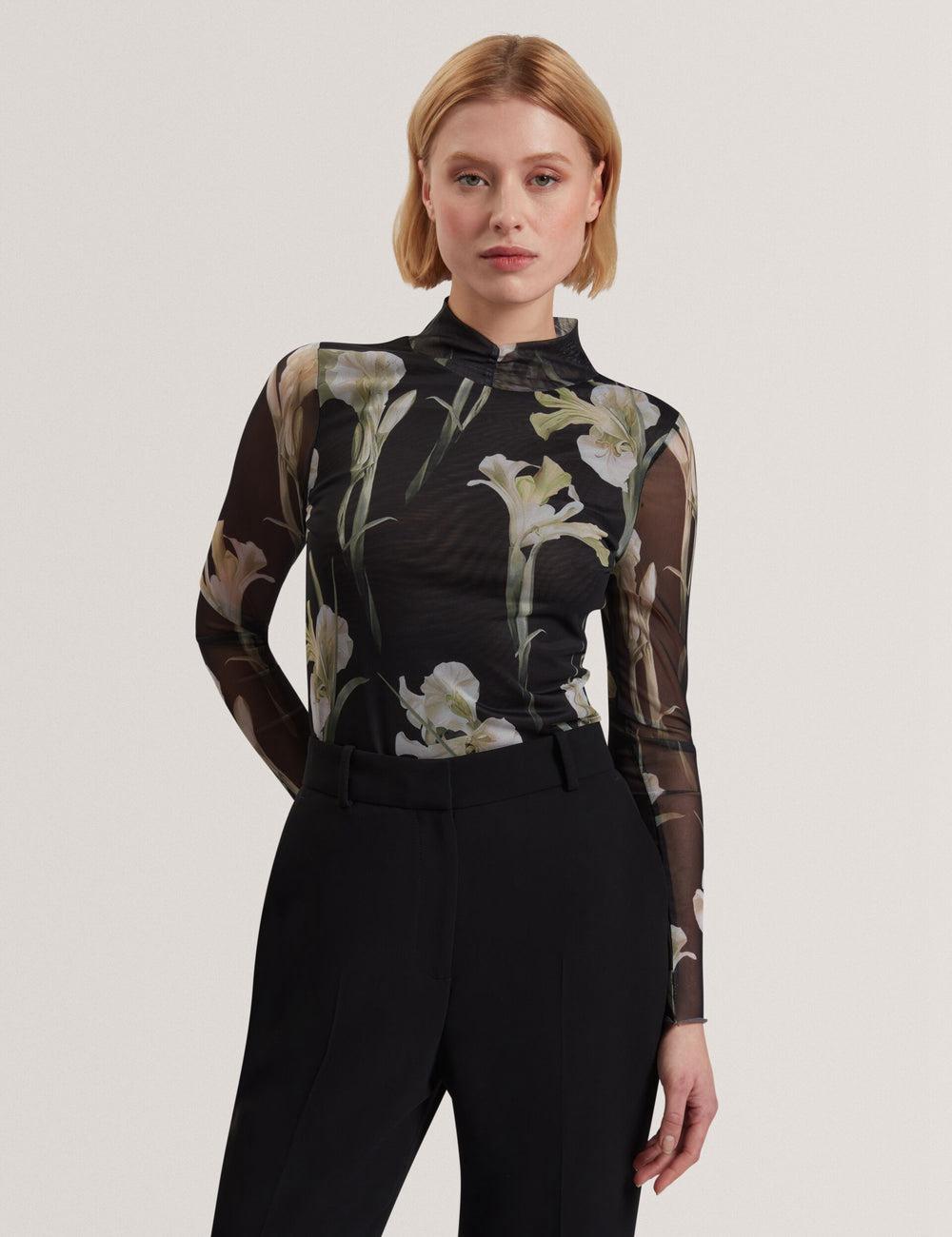 Black Women Ted Baker FIAAHH - Floral Print High Neck Sheer Mesh Tops | NZ  CTDU-58912