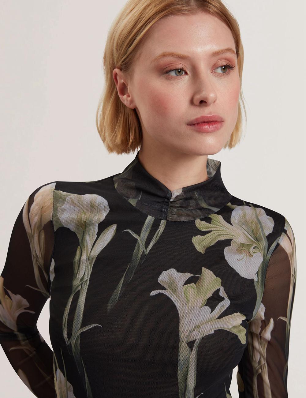 Black Women Ted Baker FIAAHH - Floral Print High Neck Sheer Mesh Tops | NZ  CTDU-58912