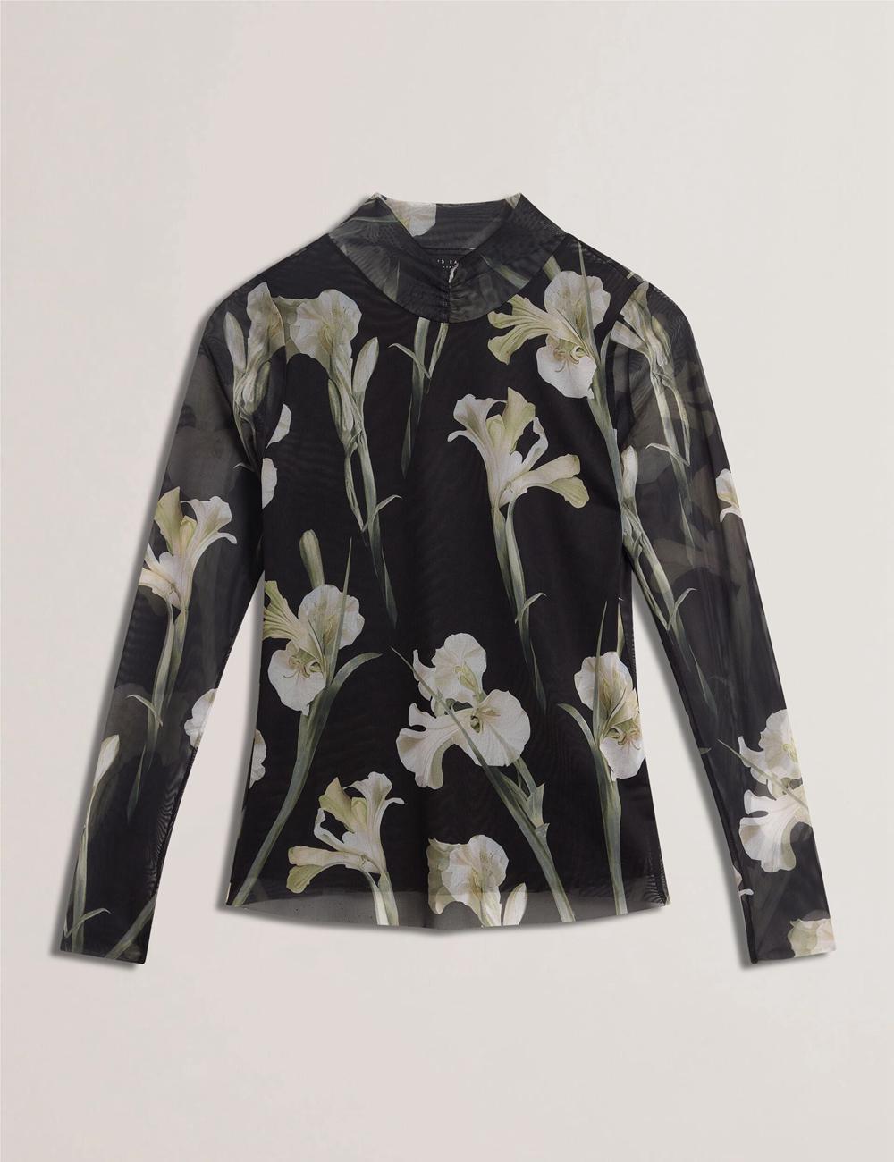 Black Women Ted Baker FIAAHH - Floral Print High Neck Sheer Mesh Tops | NZ  CTDU-58912