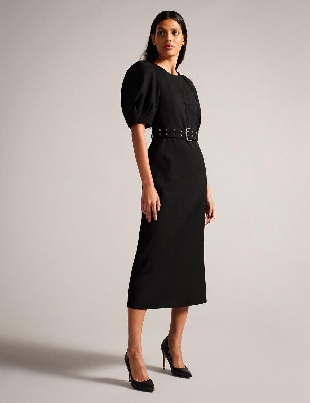 Black Women Ted Baker GABYELA - Structured Puff Sleeve With Belt Midi Dresses | NZ  OWAR-58106