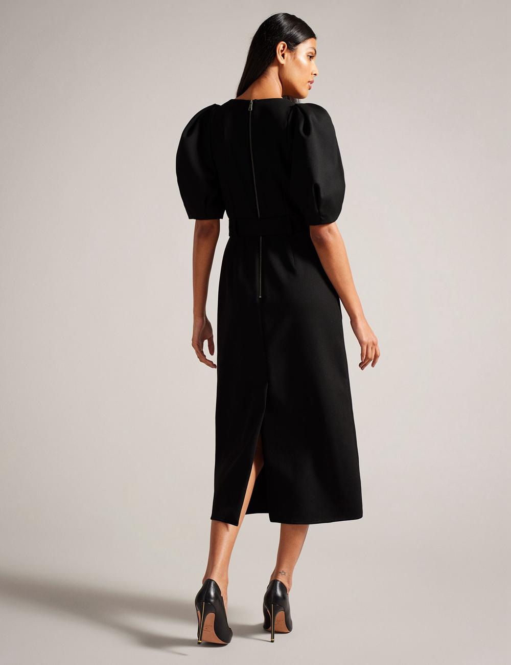 Black Women Ted Baker GABYELA - Structured Puff Sleeve With Belt Midi Dresses | NZ  OWAR-58106