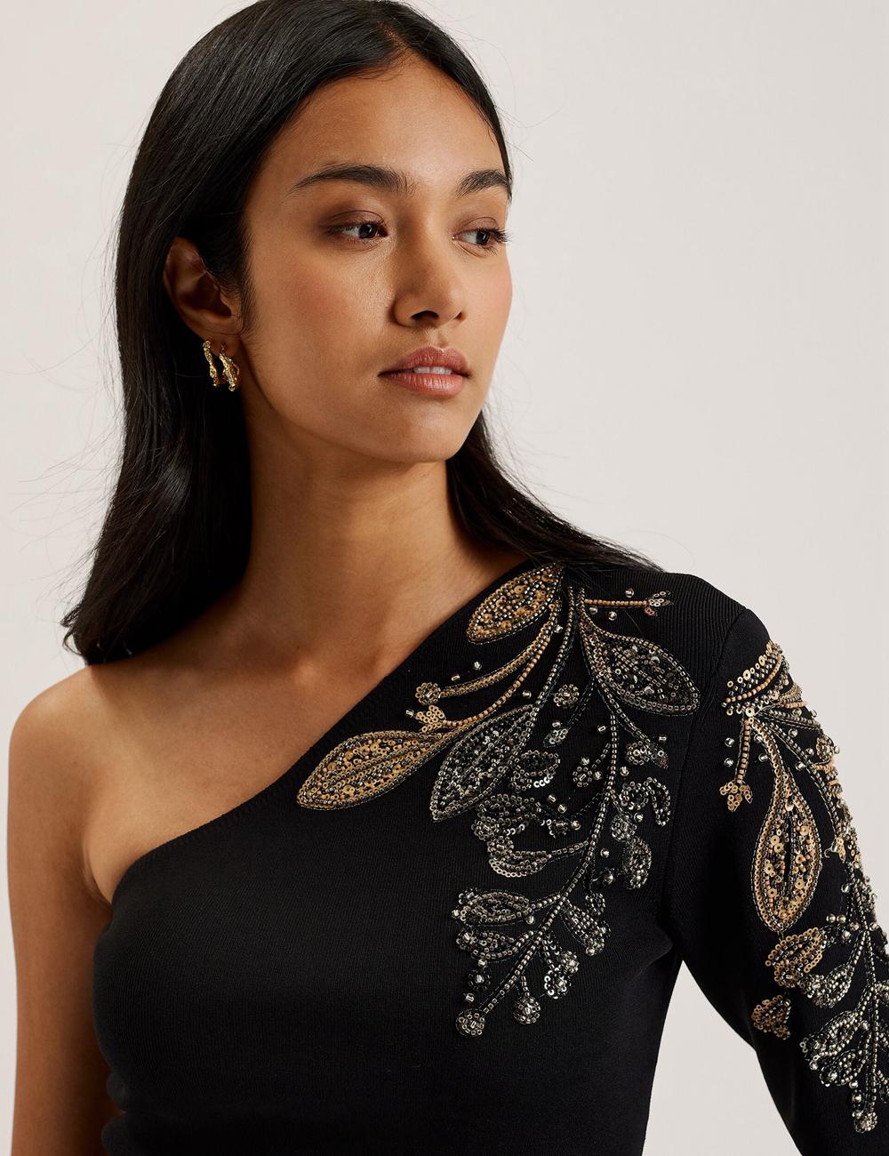 Black Women Ted Baker HEATHRR - One Shoulder Embellished Detail Tops | NZ  UPES-07284