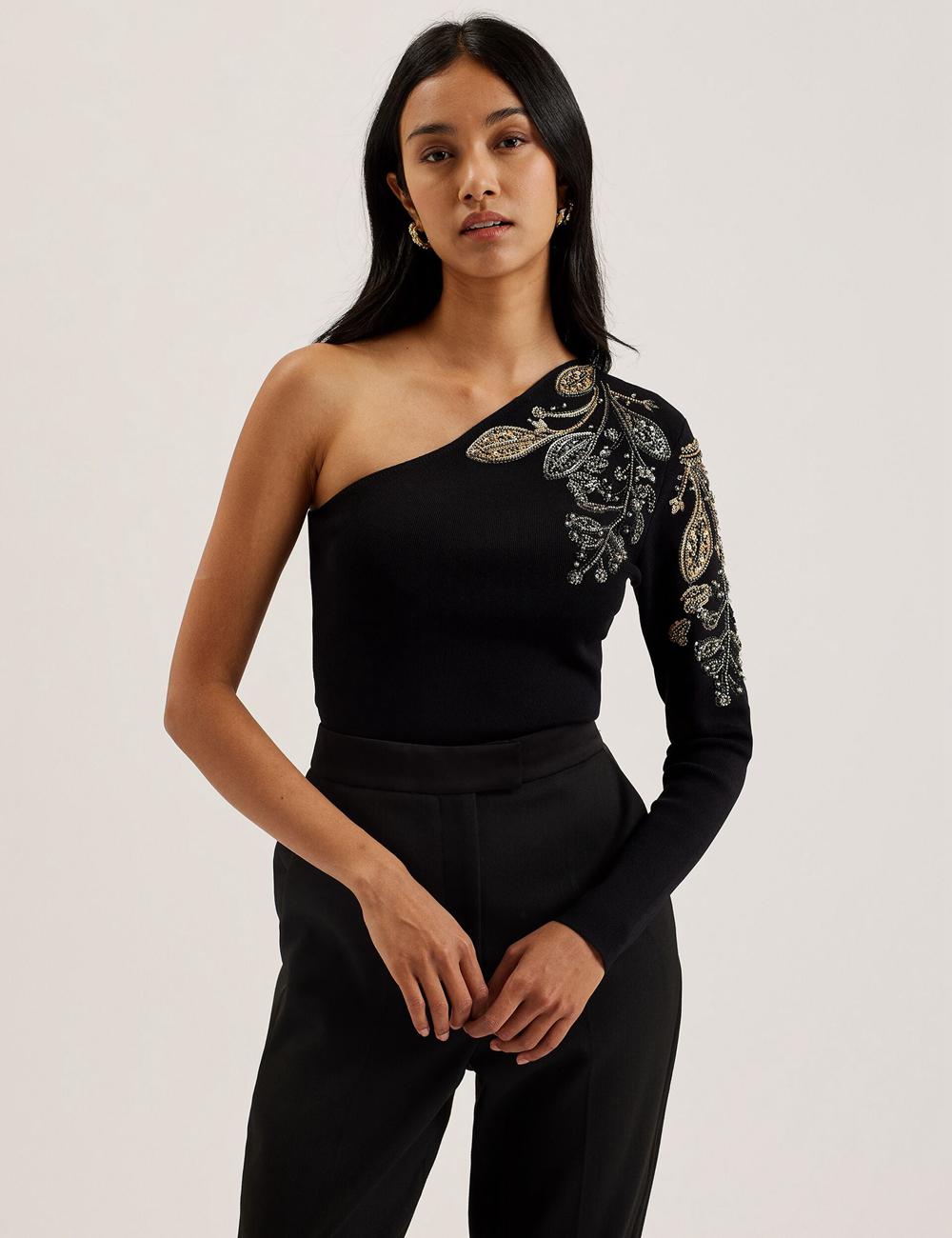 Black Women Ted Baker HEATHRR - One Shoulder Embellished Detail Tops | NZ  UPES-07284