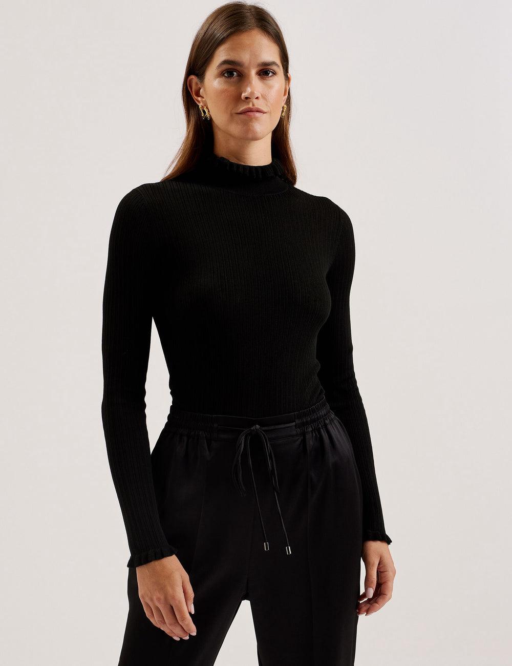 Black Women Ted Baker JANITTT - Ruffle Trim High Neck Ribbed Jumpers | NZ  HSUX-21643