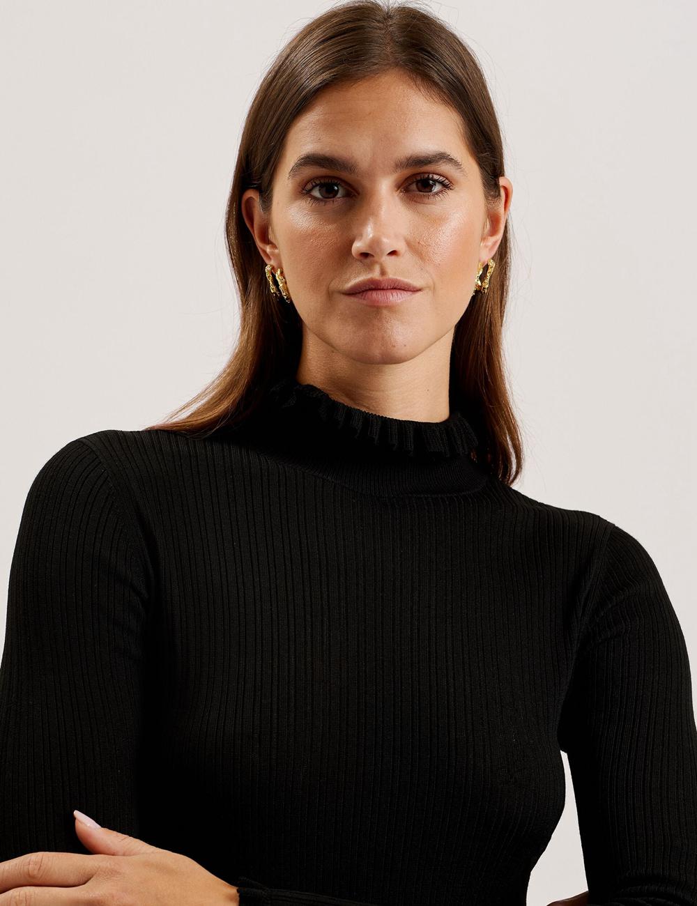 Black Women Ted Baker JANITTT - Ruffle Trim High Neck Ribbed Jumpers | NZ  HSUX-21643