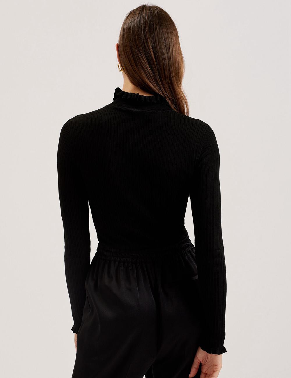 Black Women Ted Baker JANITTT - Ruffle Trim High Neck Ribbed Jumpers | NZ  HSUX-21643