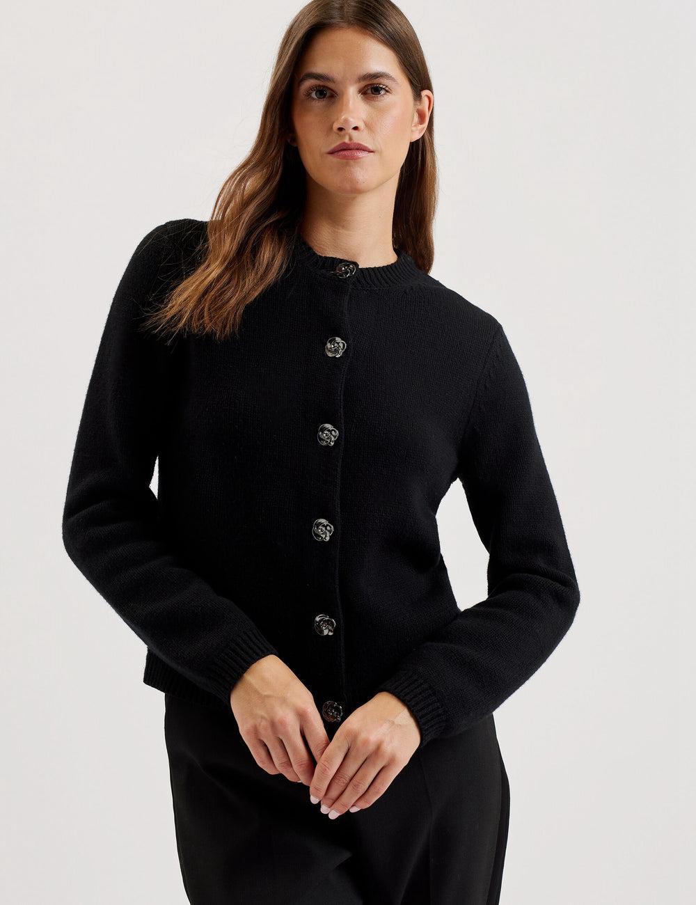 Black Women Ted Baker JAYCEY - Rose Button Knitted Crew Neck Cardigans | NZ  VWRE-23459