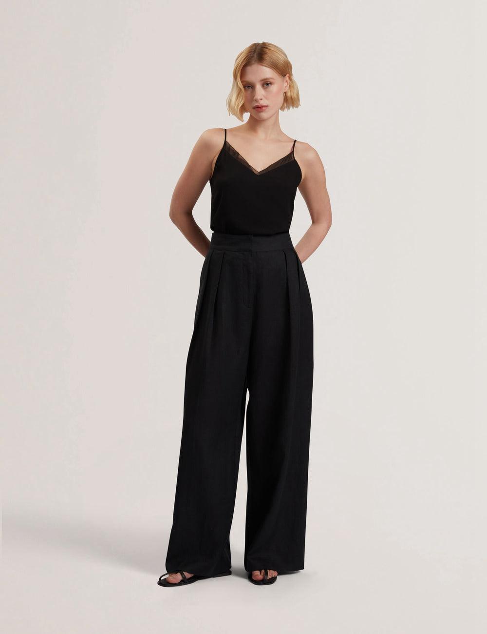Black Women Ted Baker KYFAAT - Pure Linen Tailored Wide Leg Trousers | NZ  VQZP-56382