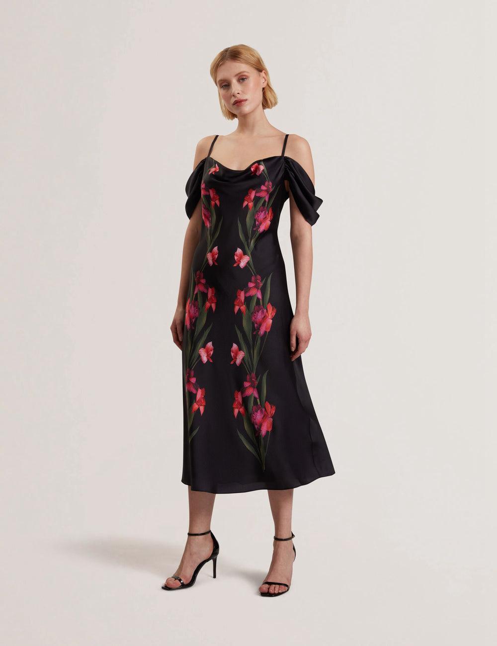 Black Women Ted Baker LUCERN - Floral Satin Off Shoulder Bias Midi Dresses | NZ  CTWB-03254