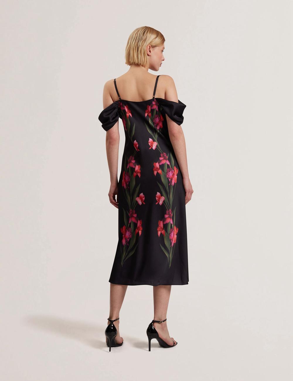 Black Women Ted Baker LUCERN - Floral Satin Off Shoulder Bias Midi Dresses | NZ  CTWB-03254