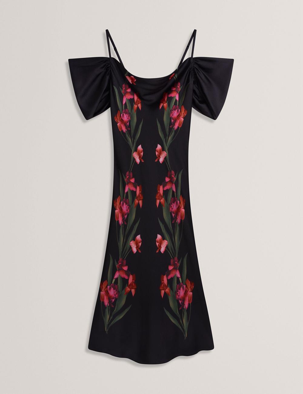 Black Women Ted Baker LUCERN - Floral Satin Off Shoulder Bias Midi Dresses | NZ  CTWB-03254