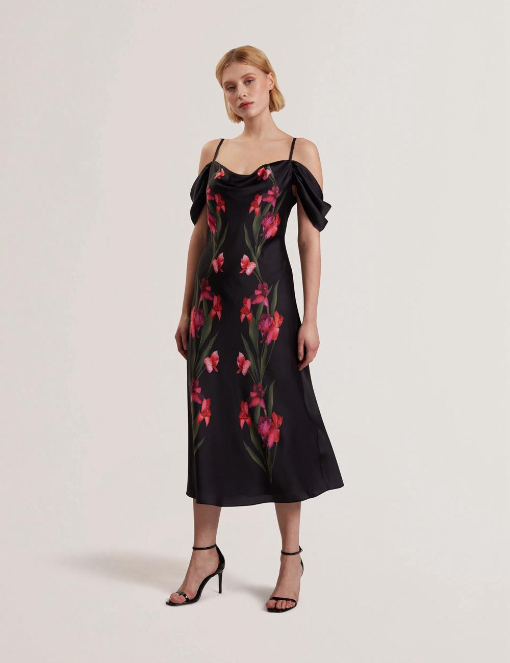 Black Women Ted Baker LUCERN - Floral Satin Off Shoulder Bias Midi Dresses | NZ  CTWB-03254