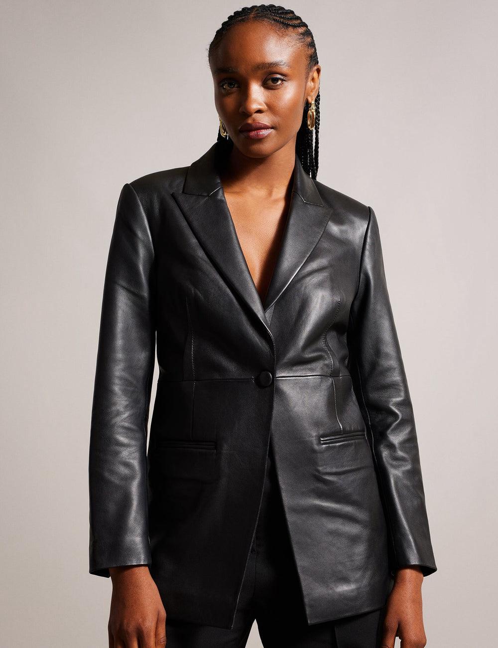 Black Women Ted Baker MELLIIE - Longline Single Breasted Leather Blazers | NZ  LMZJ-97835