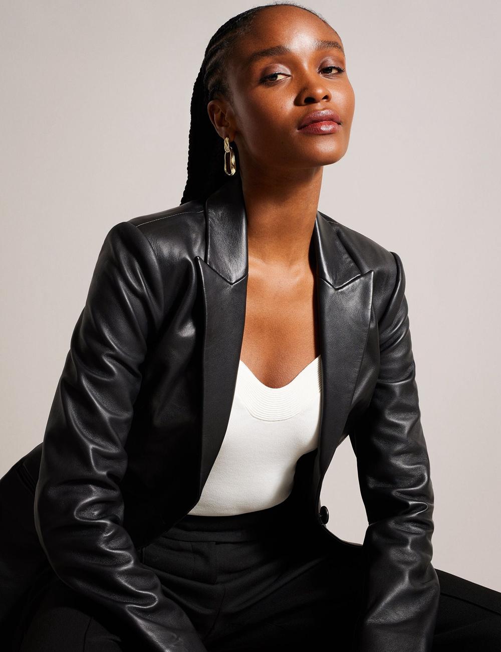 Black Women Ted Baker MELLIIE - Longline Single Breasted Leather Blazers | NZ  LMZJ-97835