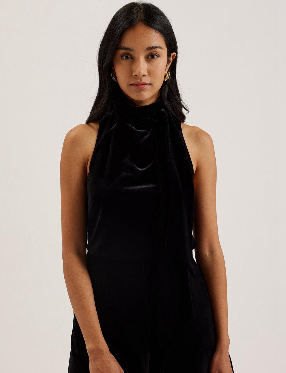 Black Women Ted Baker NALIAS - Velvet High Cowl Neck Sleeveless Tank Tops | NZ  DQKI-01632