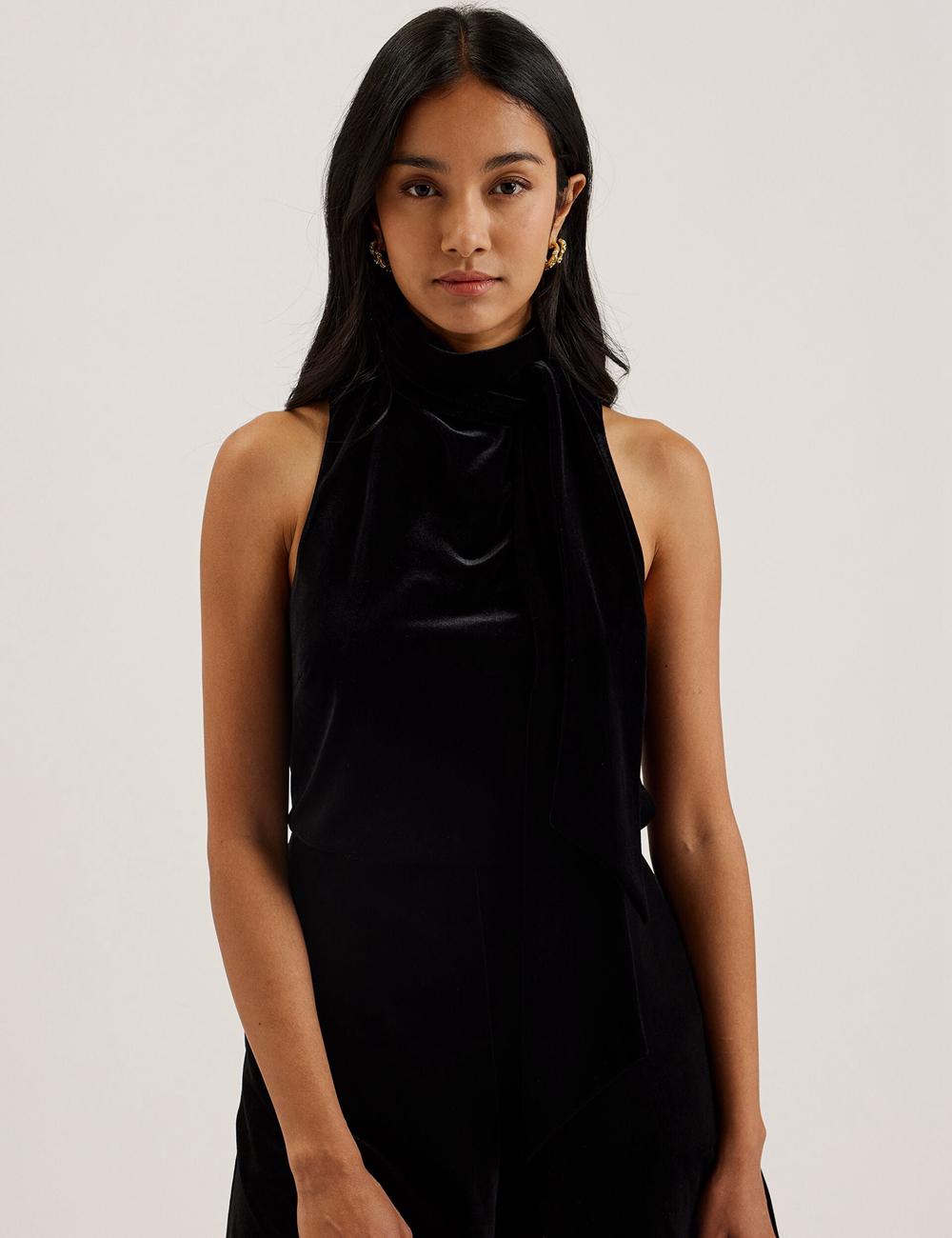 Black Women Ted Baker NALIAS - Velvet High Cowl Neck Sleeveless Tank Tops | NZ  DQKI-01632
