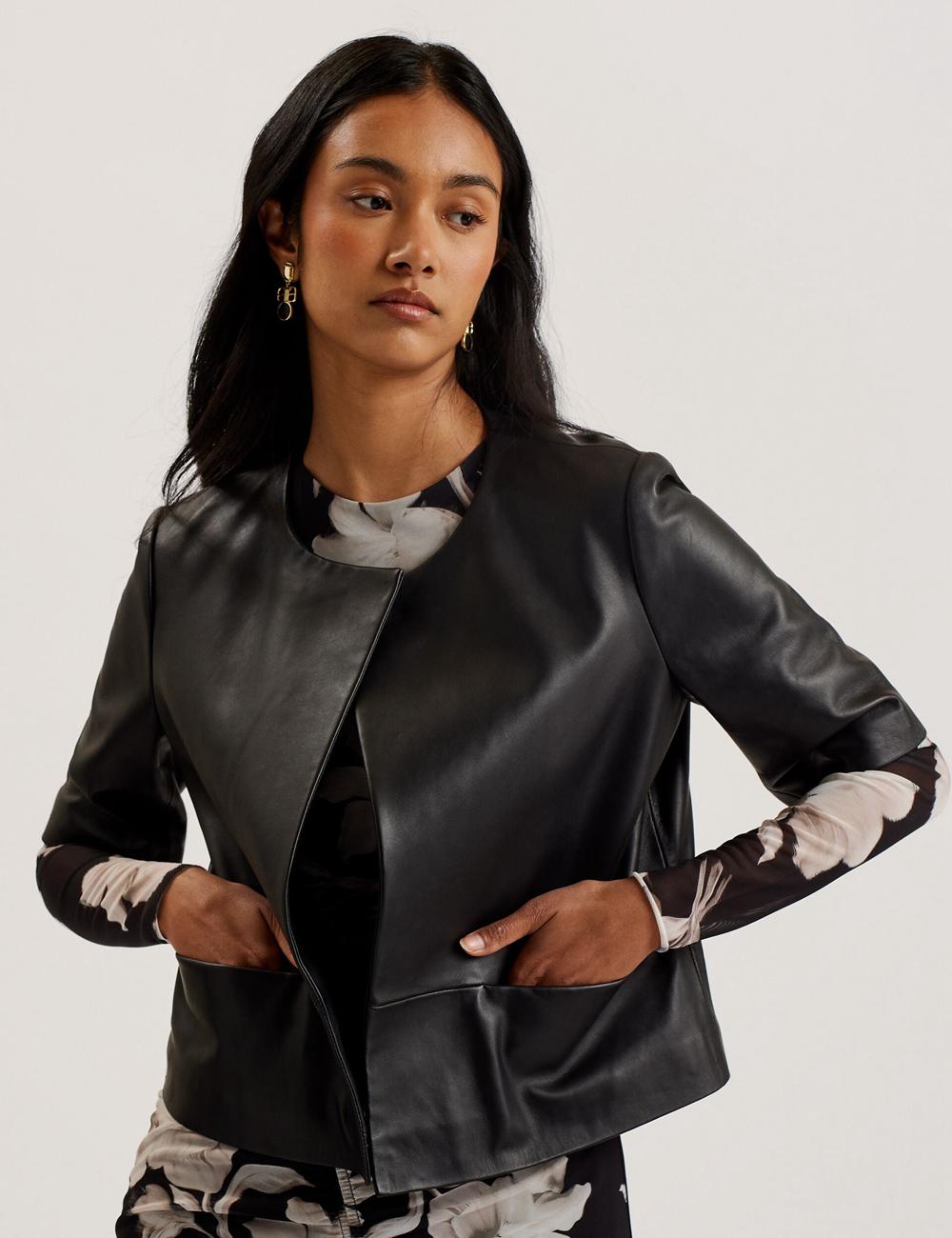 Black Women Ted Baker OBINO - Cropped Sleeve Open Leather Jackets | NZ  ZVYK-45079