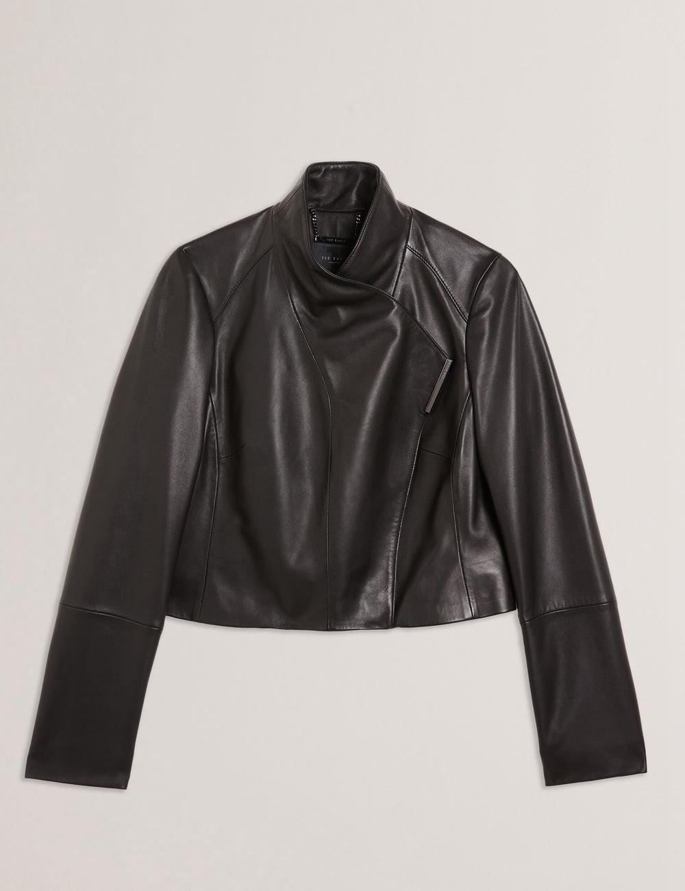 Black Women Ted Baker RIYOZE - Wrap Front Cropped Leather Jackets | NZ  TGRA-59013