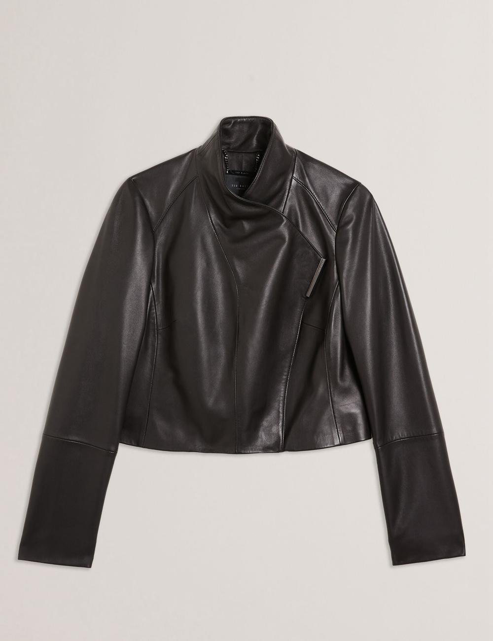 Black Women Ted Baker RIYOZE - Wrap Front Cropped Leather Jackets | NZ  TGRA-59013