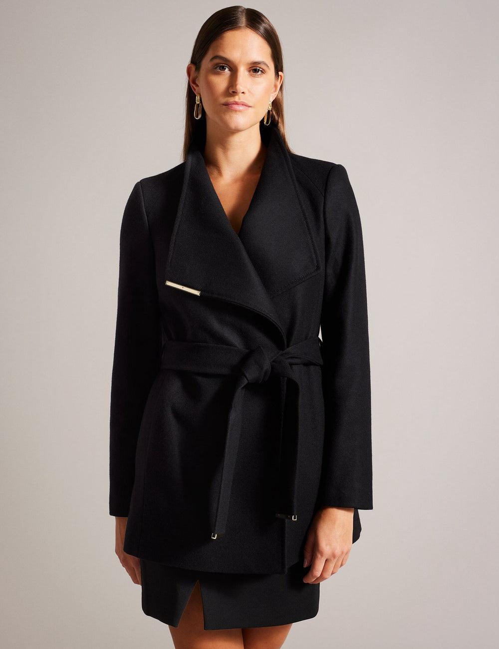 Black Women Ted Baker ROSESS - Short Belted Wool Wrap Coat Jackets | NZ  MGYQ-65298