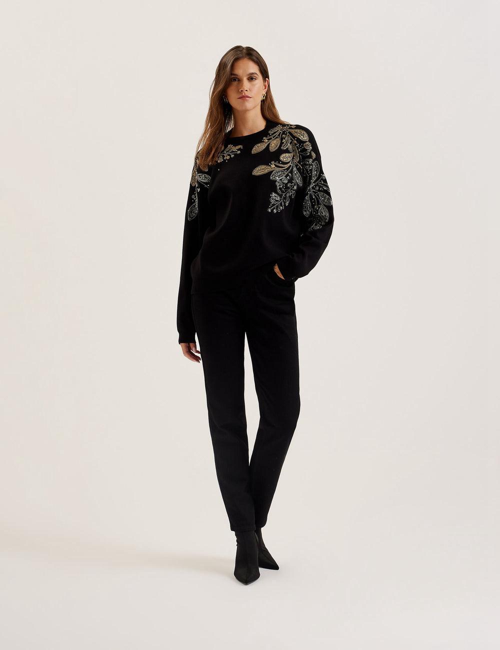 Black Women Ted Baker ROSMRRY - Embellished Floral Detail Knitted Jumpers | NZ  CKDR-85246