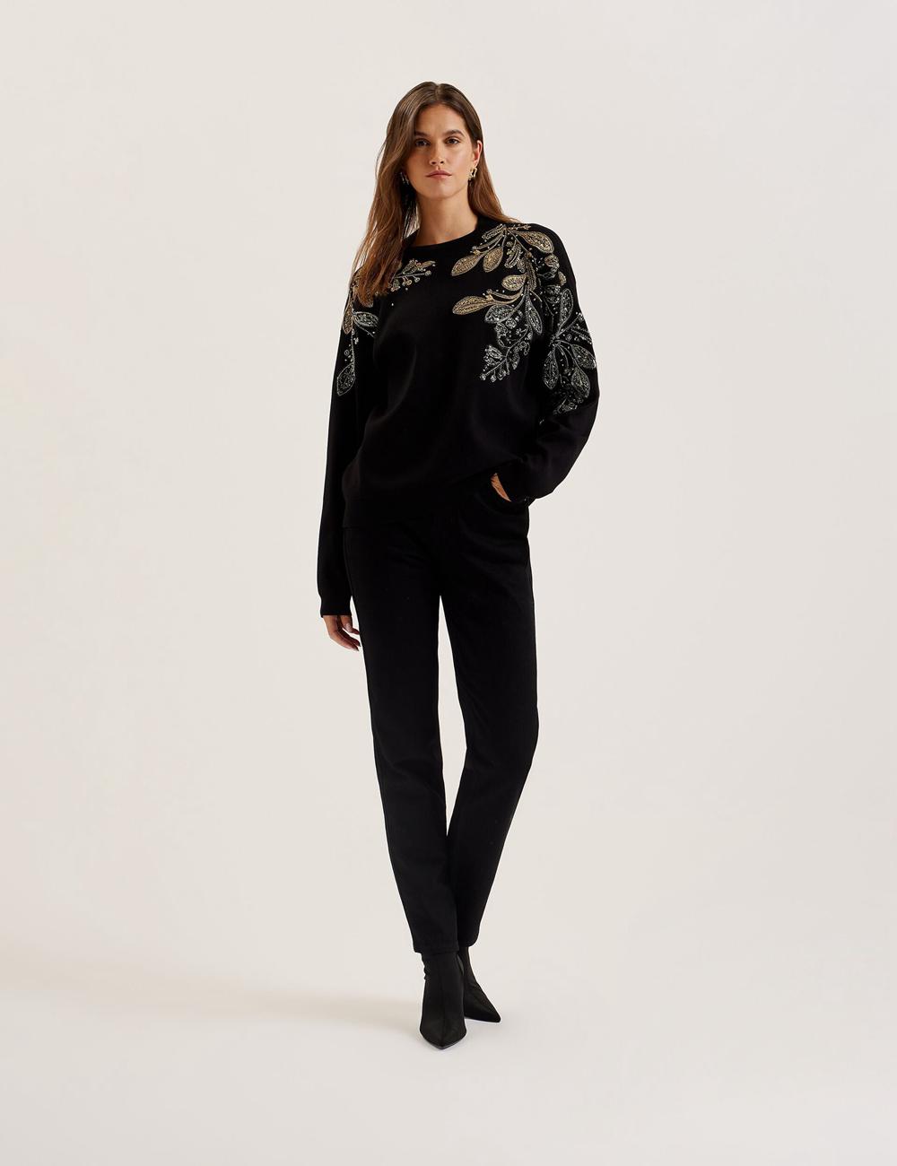 Black Women Ted Baker ROSMRRY - Embellished Floral Detail Knitted Jumpers | NZ  CKDR-85246
