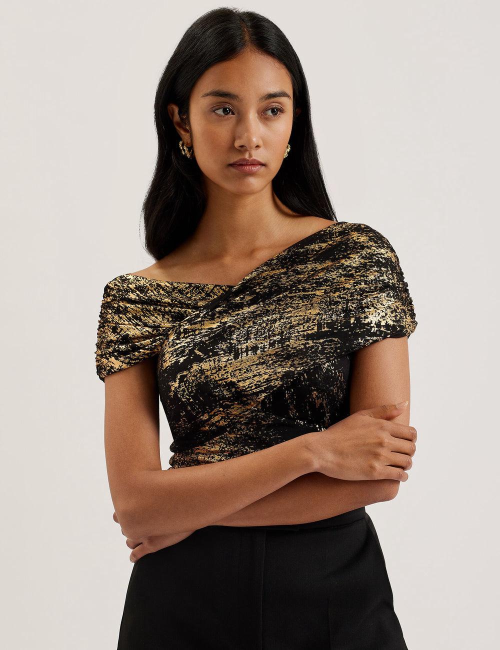 Black Women Ted Baker TALULAR - Bardot Foil Printed Mesh Tops | NZ  FJBW-19520