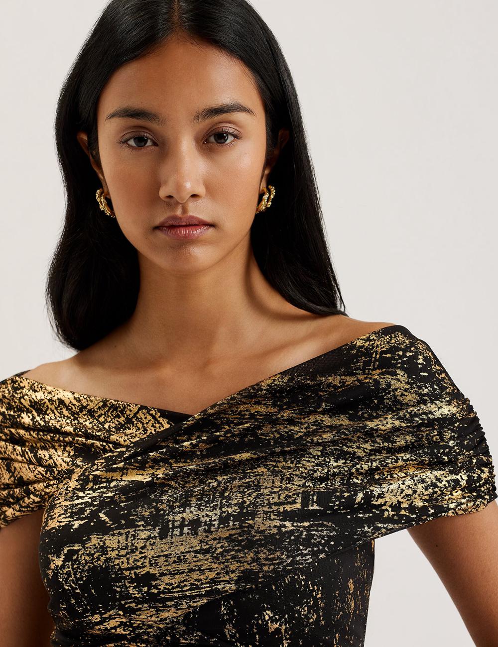 Black Women Ted Baker TALULAR - Bardot Foil Printed Mesh Tops | NZ  FJBW-19520