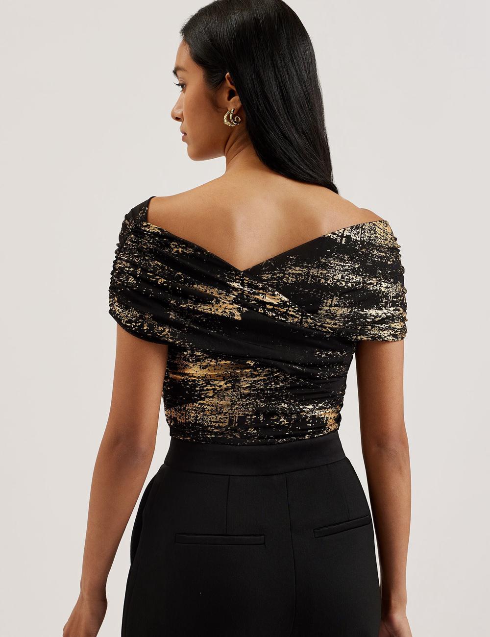 Black Women Ted Baker TALULAR - Bardot Foil Printed Mesh Tops | NZ  FJBW-19520