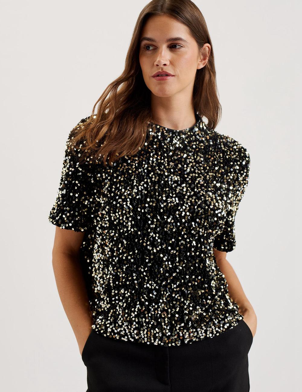 Black Women Ted Baker ZARHAAA - Sequined Velvet Short Sleeve Top Casual Shirts | NZ  IAPX-17863