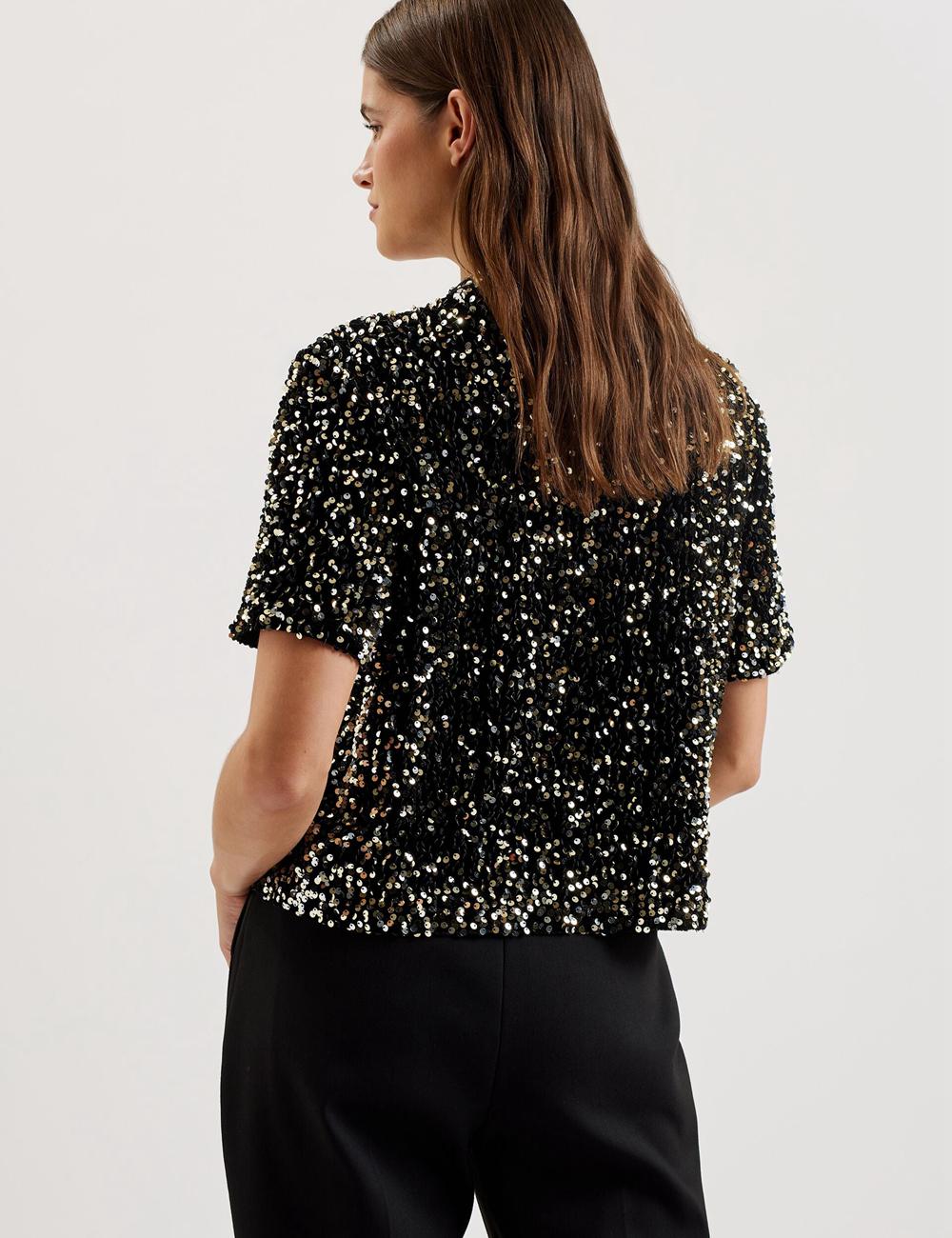 Black Women Ted Baker ZARHAAA - Sequined Velvet Short Sleeve Top Casual Shirts | NZ  IAPX-17863
