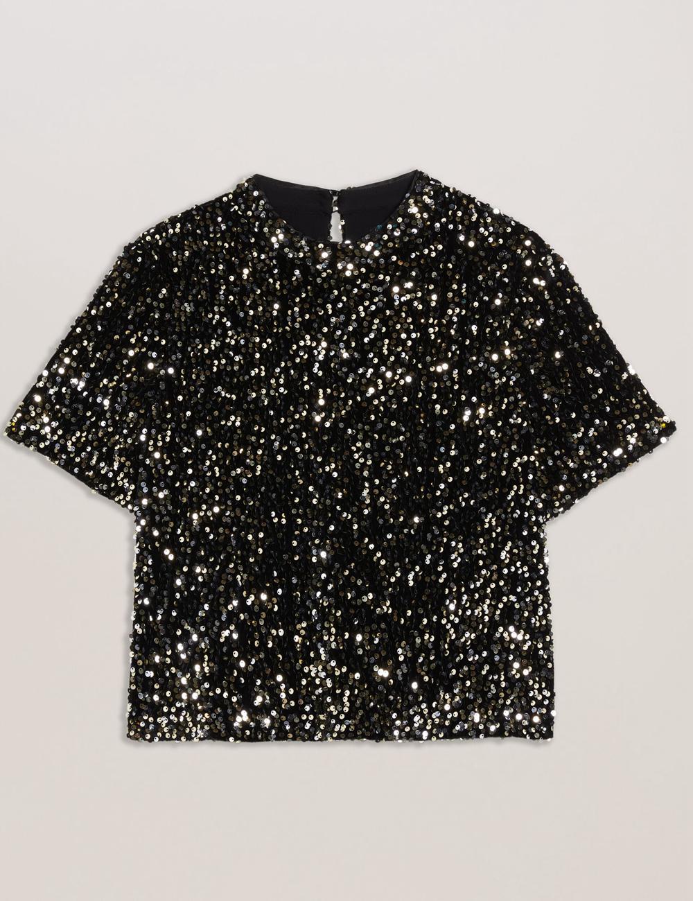 Black Women Ted Baker ZARHAAA - Sequined Velvet Short Sleeve Top Casual Shirts | NZ  IAPX-17863