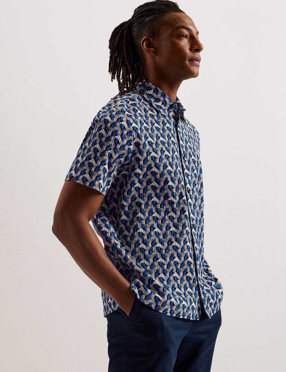 Blue Men Ted Baker GASTONS - Short Sleeve Geo Print Seersucker Casual Shirts | NZ  RZJA-38021
