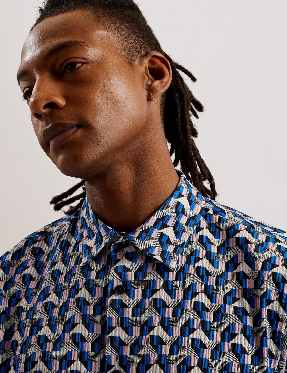 Blue Men Ted Baker GASTONS - Short Sleeve Geo Print Seersucker Casual Shirts | NZ  RZJA-38021