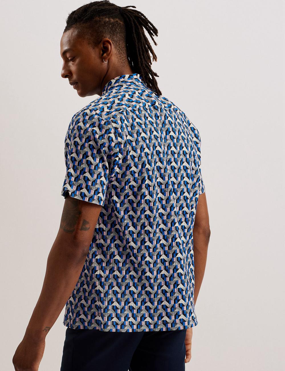 Blue Men Ted Baker GASTONS - Short Sleeve Geo Print Seersucker Casual Shirts | NZ  RZJA-38021
