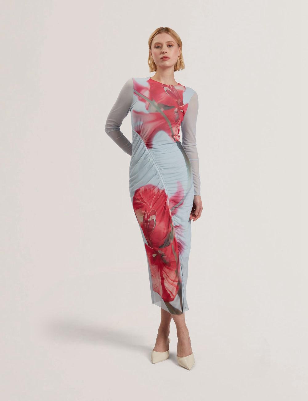 Blue Women Ted Baker BOXNINE - Printed Mesh Gathering Bodycon Midi Dresses | NZ  IYOR-38591