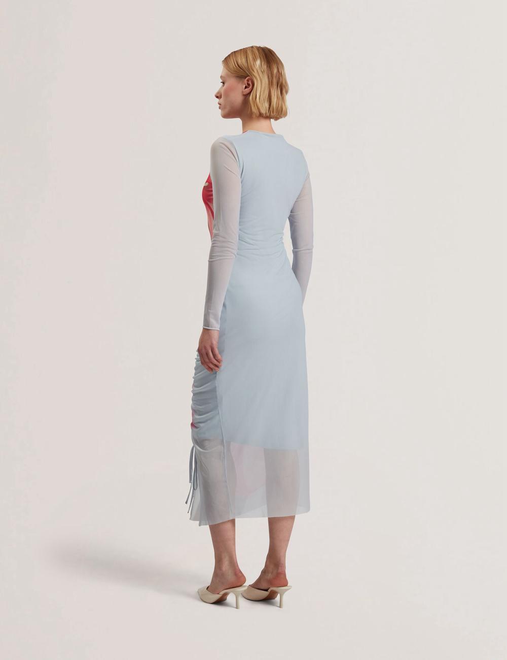 Blue Women Ted Baker BOXNINE - Printed Mesh Gathering Bodycon Midi Dresses | NZ  IYOR-38591