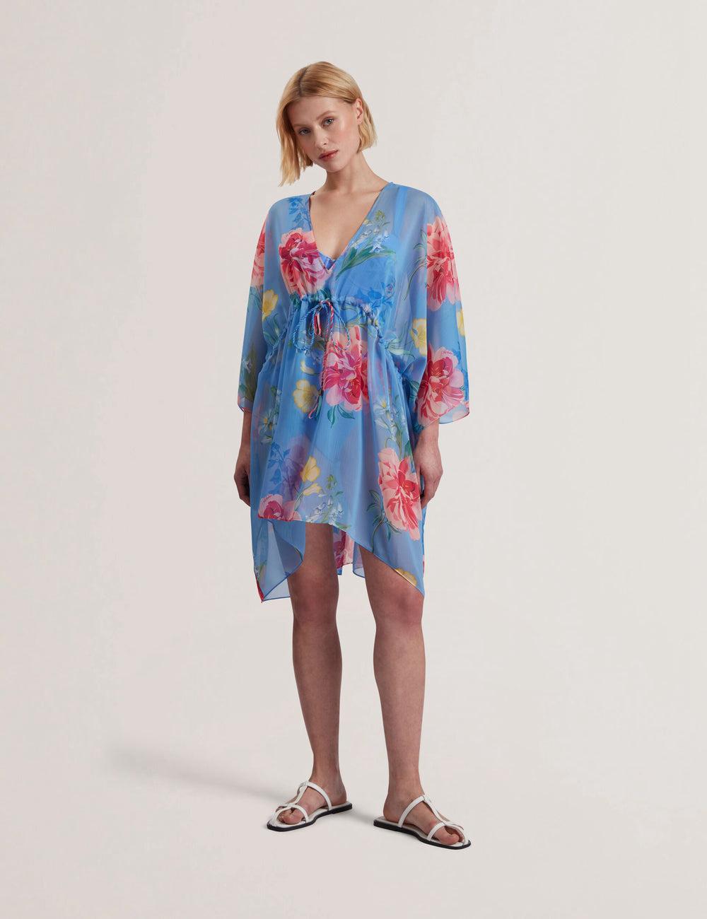 Blue Women Ted Baker LARJA - Floral Print Chiffon Mini Beach Kaftan Cover Ups | NZ  QPIG-41208