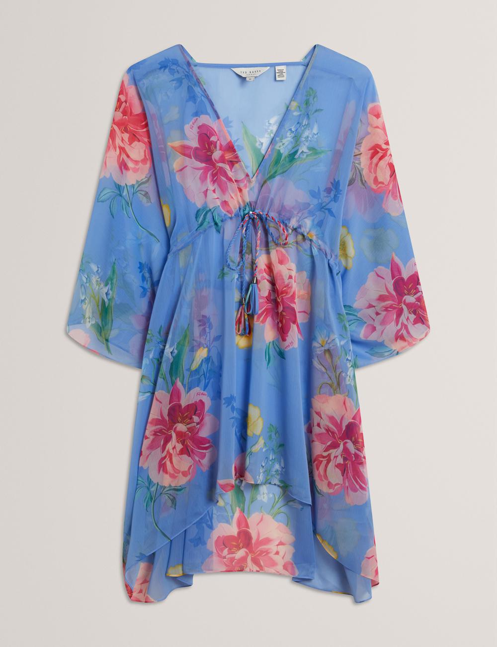 Blue Women Ted Baker LARJA - Floral Print Chiffon Mini Beach Kaftan Cover Ups | NZ  QPIG-41208