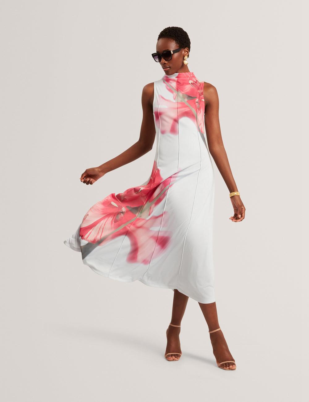 Blue Women Ted Baker REBEHKA - High Neck Printed Jersey Midi Dresses | NZ  HLQR-43521